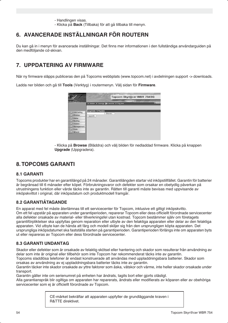 Avancerade inställningar för routern, Uppdatering av firmware, Topcoms garanti | Topcom WBR 754SG User Manual | Page 54 / 108