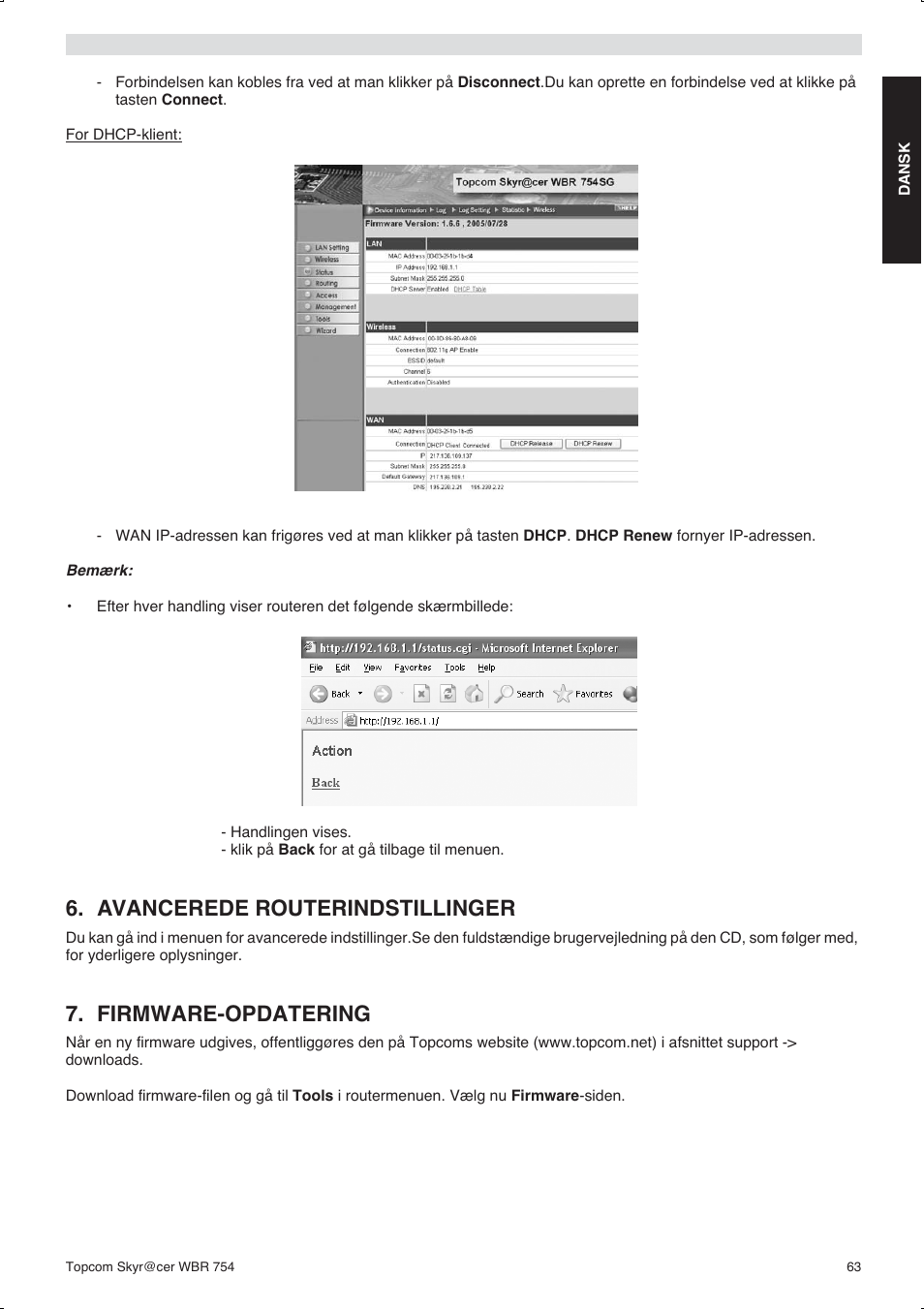 Avancerede routerindstillinger, Firmware-opdatering | Topcom WBR 754SG User Manual | Page 63 / 108