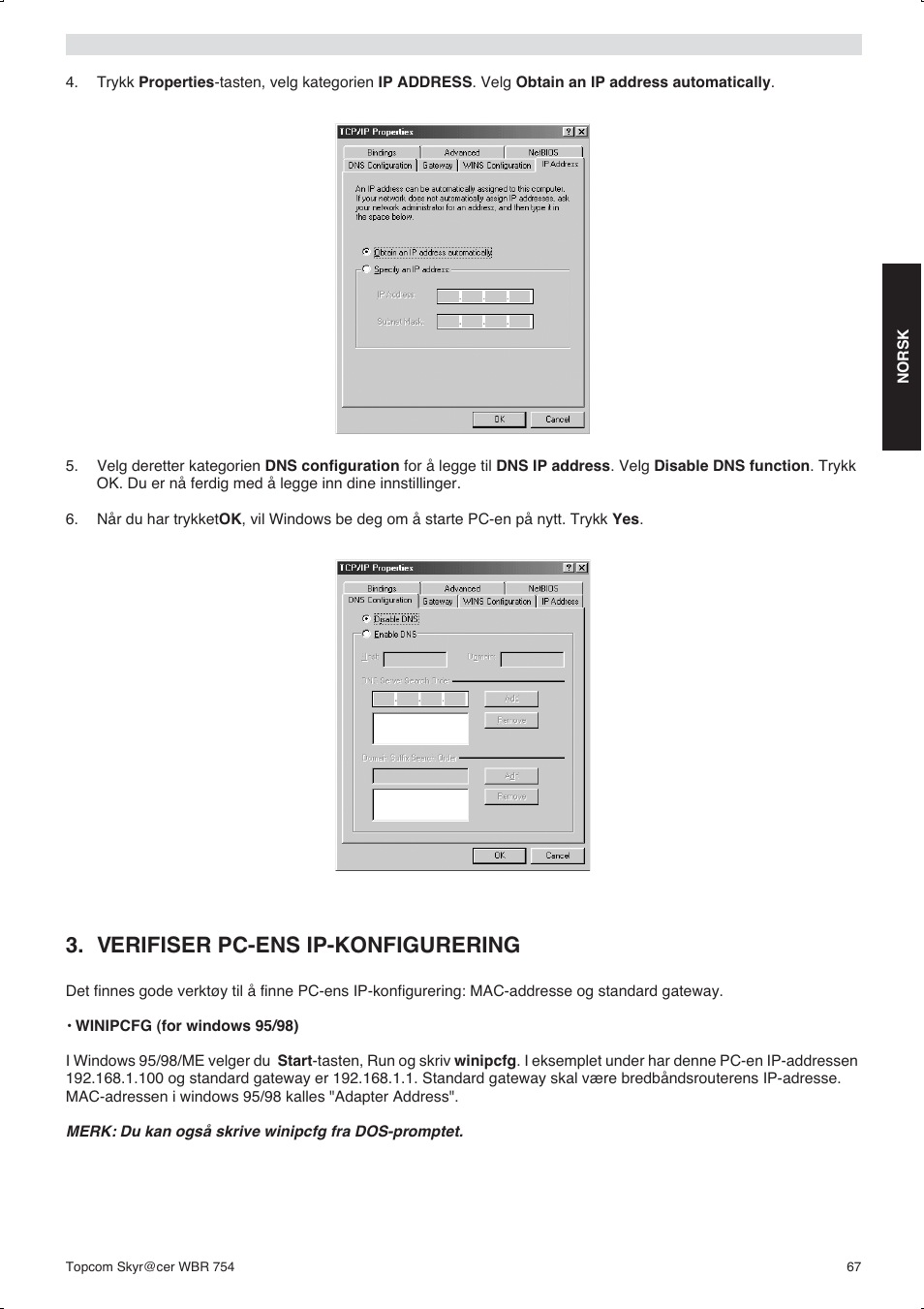 Verifiser pc-ens ip-konfigurering | Topcom WBR 754SG User Manual | Page 67 / 108