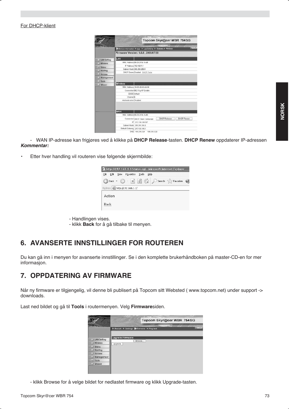 Avanserte innstillinger for routeren, Oppdatering av firmware | Topcom WBR 754SG User Manual | Page 73 / 108