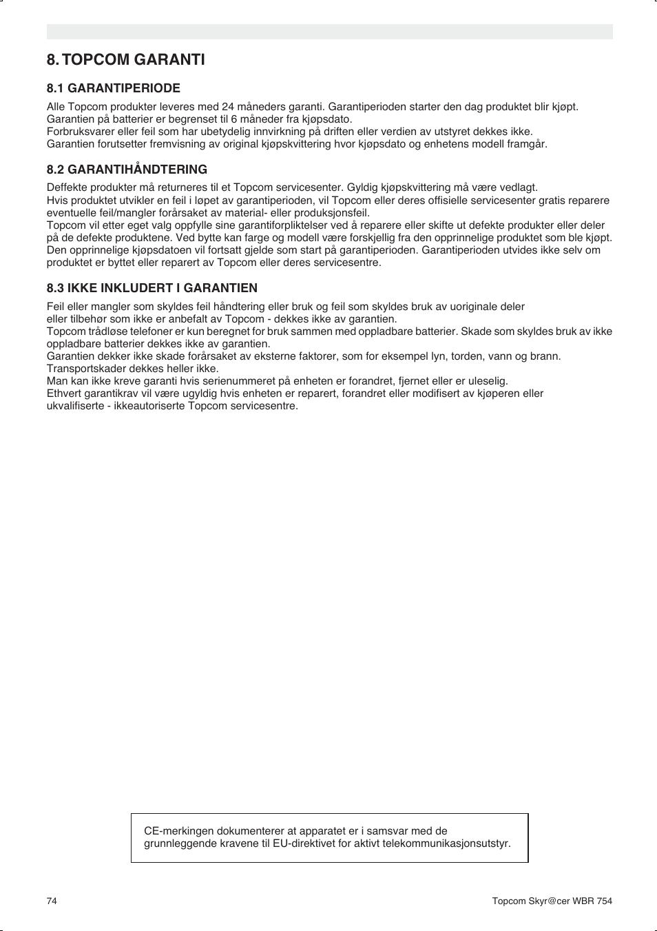 Topcom garanti | Topcom WBR 754SG User Manual | Page 74 / 108