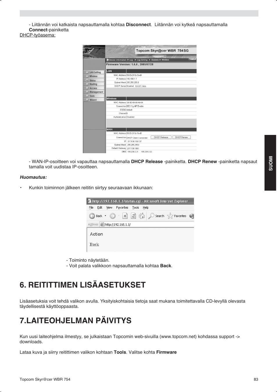 Reitittimen lisäasetukset, Laiteohjelman päivitys | Topcom WBR 754SG User Manual | Page 83 / 108