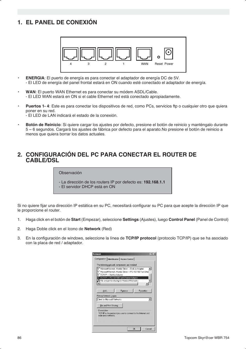 El panel de conexión | Topcom WBR 754SG User Manual | Page 86 / 108