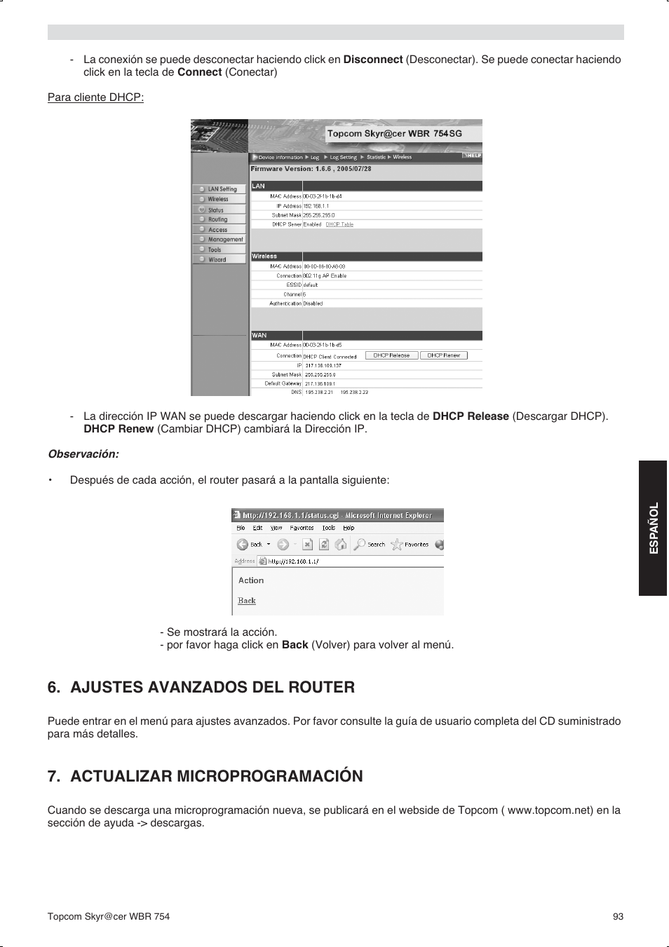 Ajustes avanzados del router, Actualizar microprogramación | Topcom WBR 754SG User Manual | Page 93 / 108