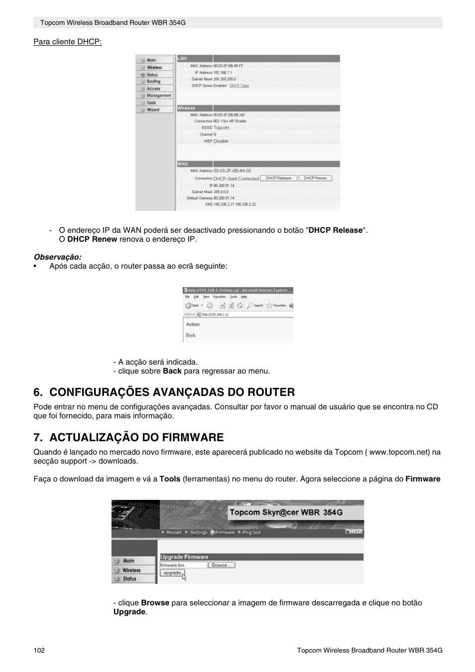 Configurações avançadas do router, Actualização do firmware | Topcom Skyr@cer WBR 354G User Manual | Page 102 / 104