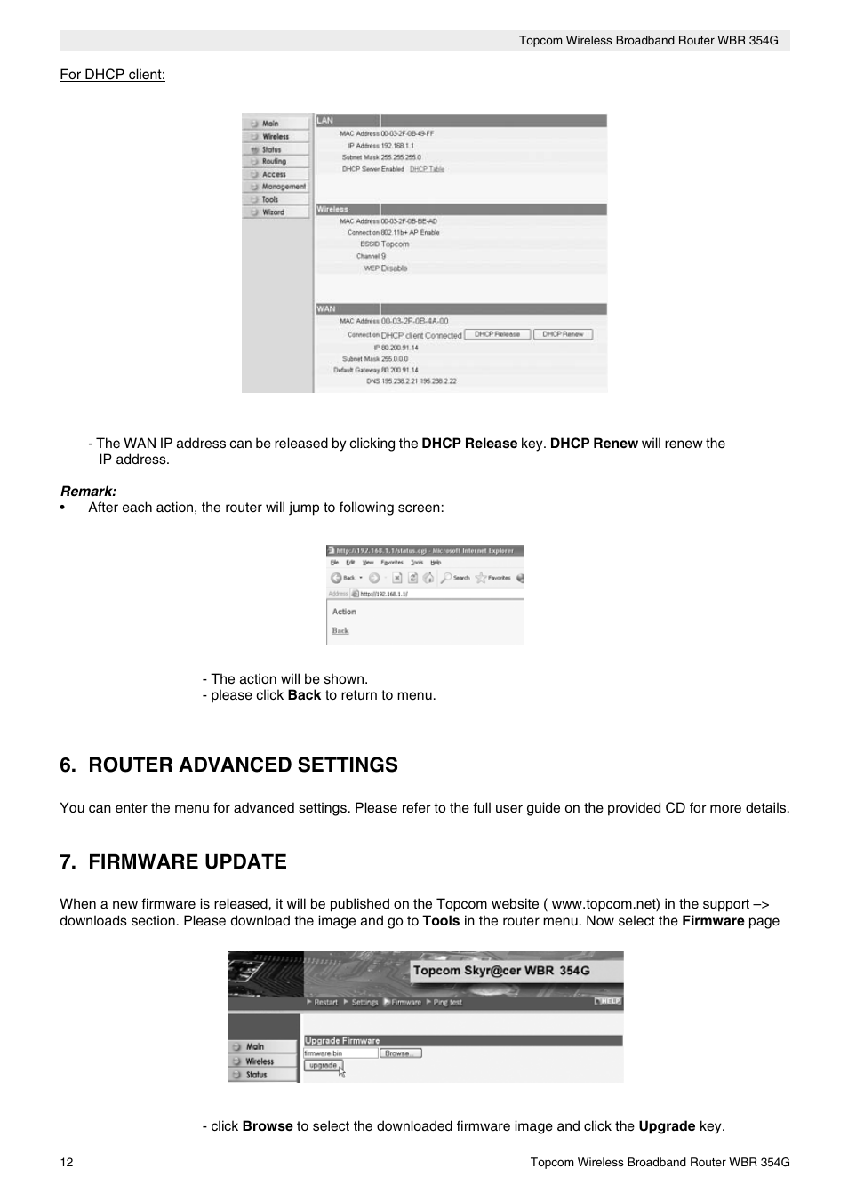 Router advanced settings, Firmware update | Topcom Skyr@cer WBR 354G User Manual | Page 12 / 104