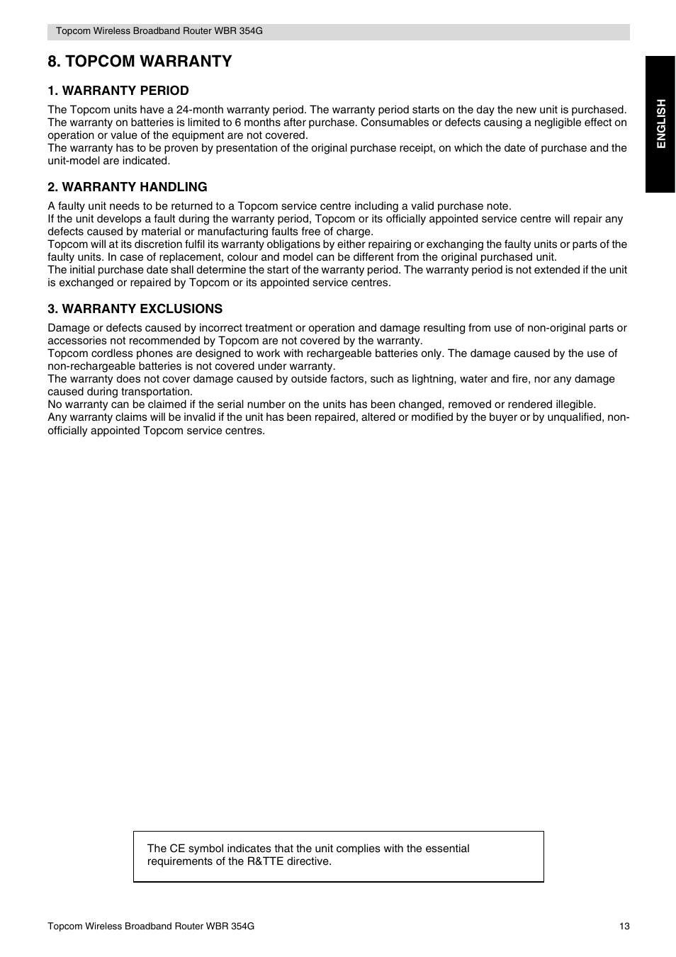 Topcom warranty | Topcom Skyr@cer WBR 354G User Manual | Page 13 / 104