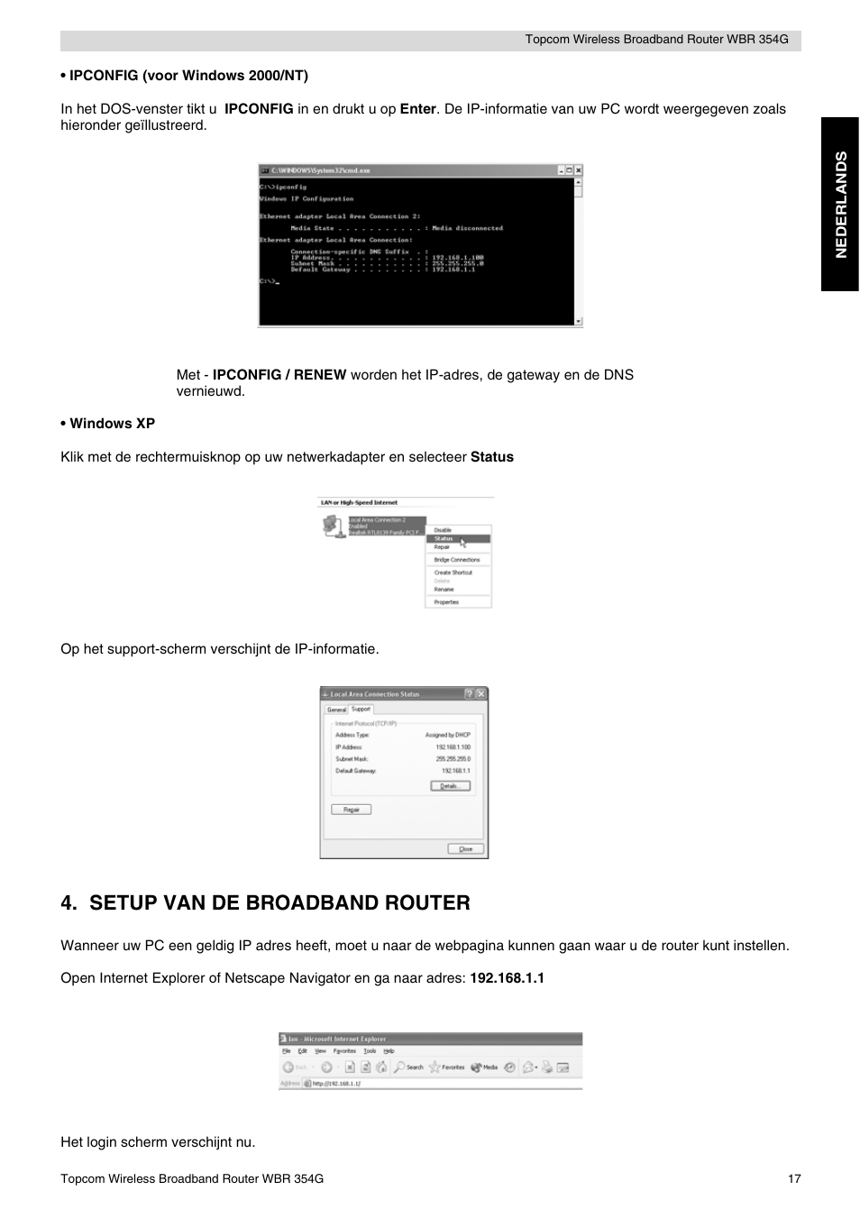 Setup van de broadband router | Topcom Skyr@cer WBR 354G User Manual | Page 17 / 104