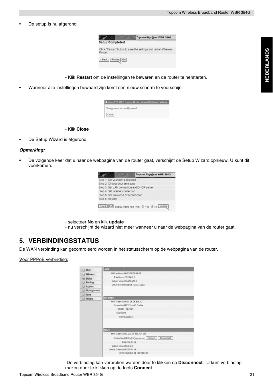 Verbindingsstatus | Topcom Skyr@cer WBR 354G User Manual | Page 21 / 104