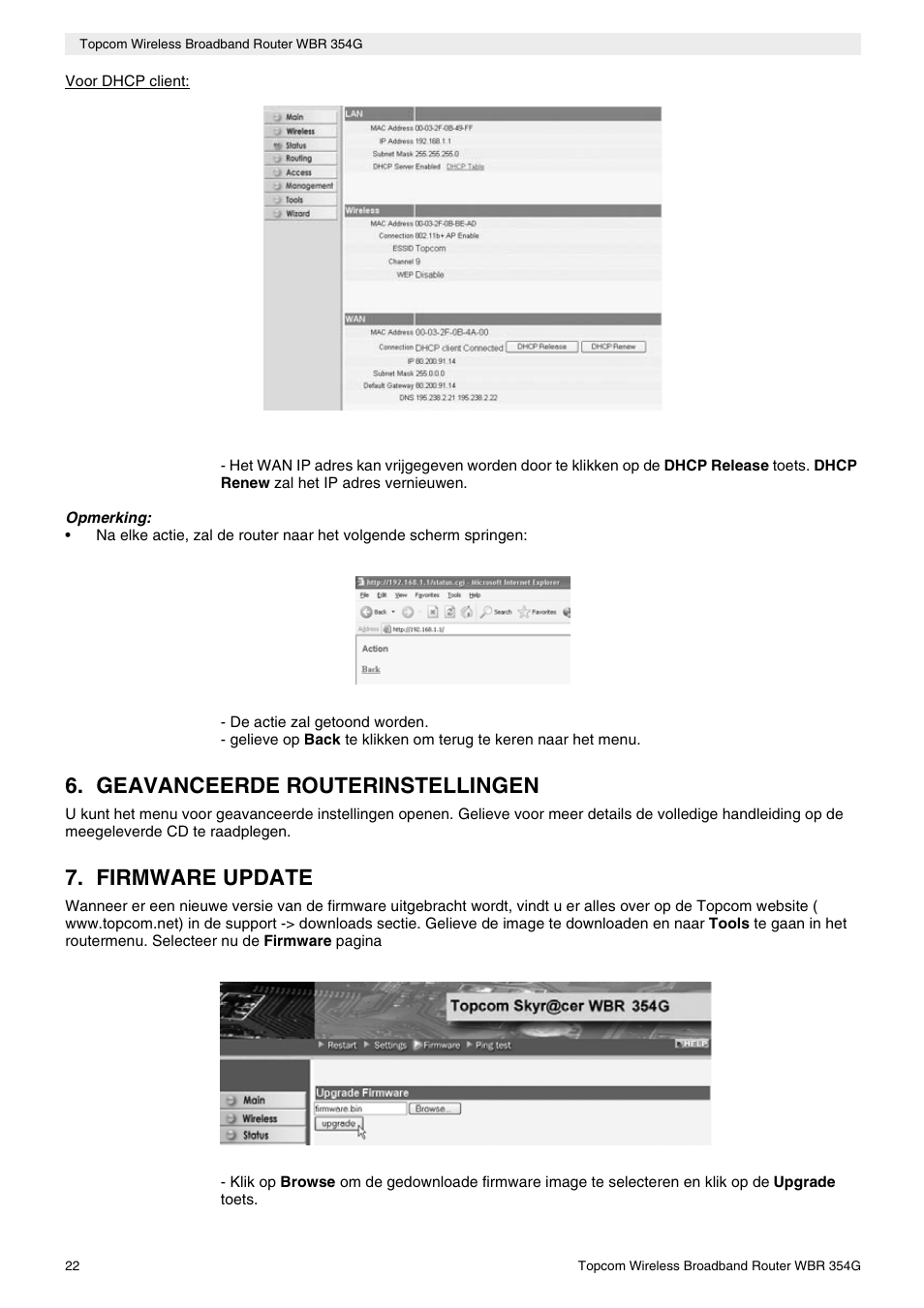 Geavanceerde routerinstellingen, Firmware update | Topcom Skyr@cer WBR 354G User Manual | Page 22 / 104