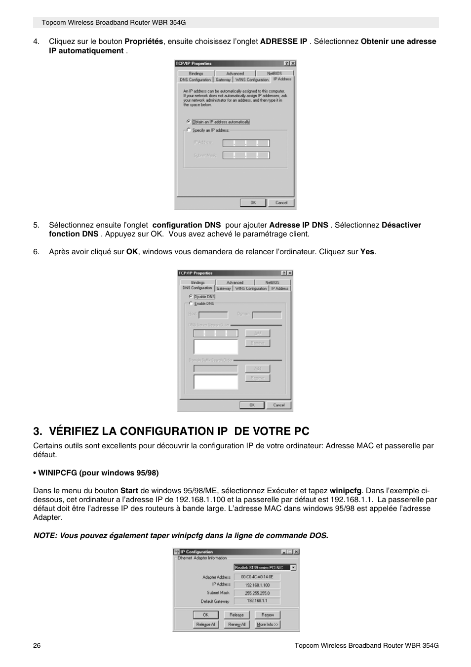 Vérifiez la configuration ip de votre pc | Topcom Skyr@cer WBR 354G User Manual | Page 26 / 104