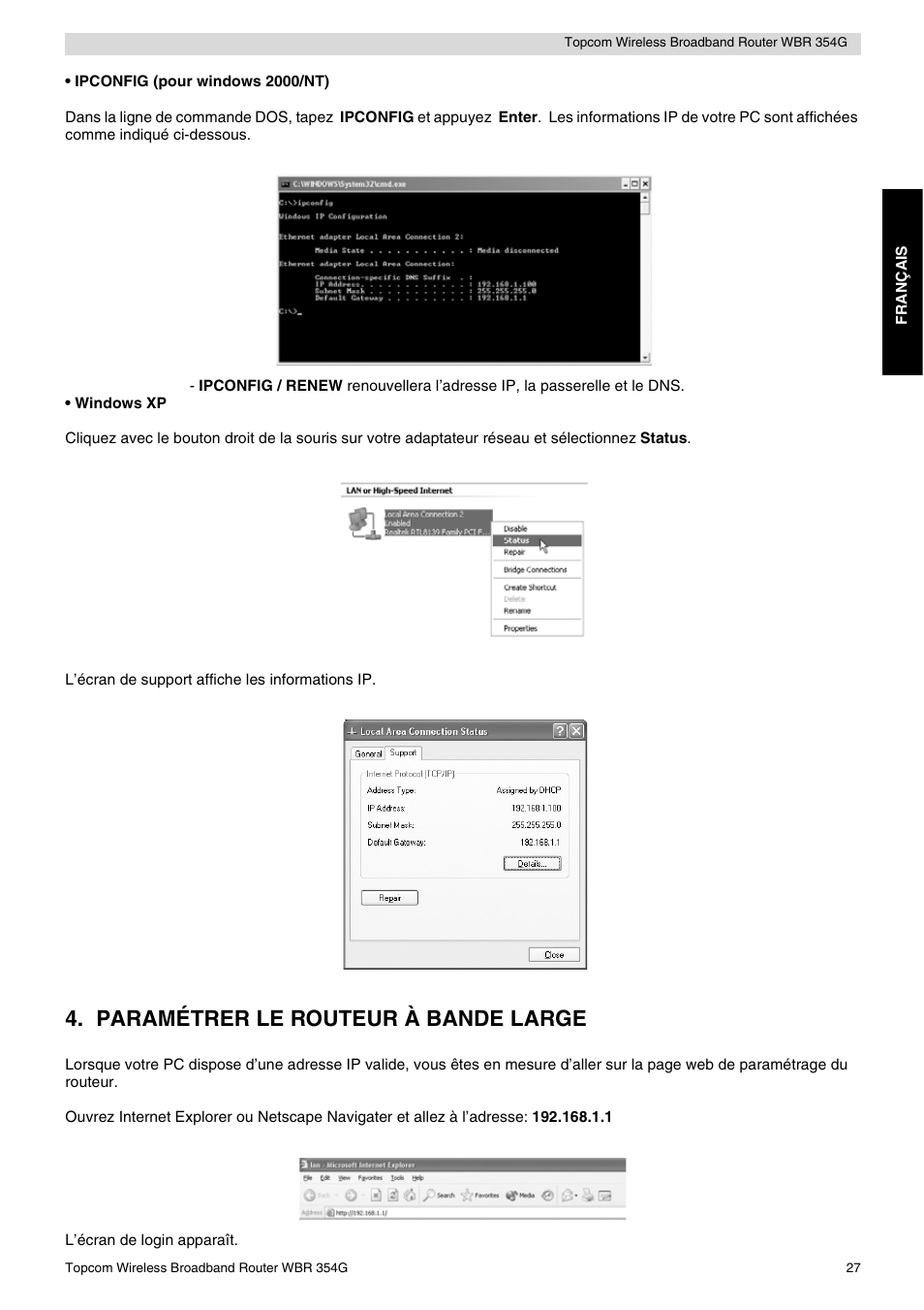 Paramétrer le routeur à bande large | Topcom Skyr@cer WBR 354G User Manual | Page 27 / 104