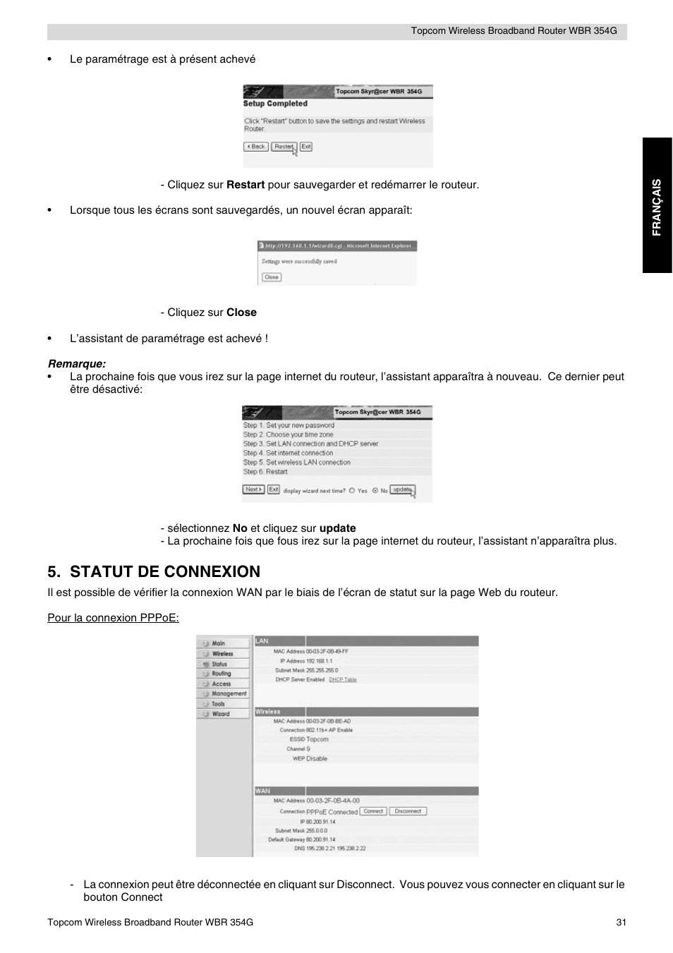 Statut de connexion | Topcom Skyr@cer WBR 354G User Manual | Page 31 / 104