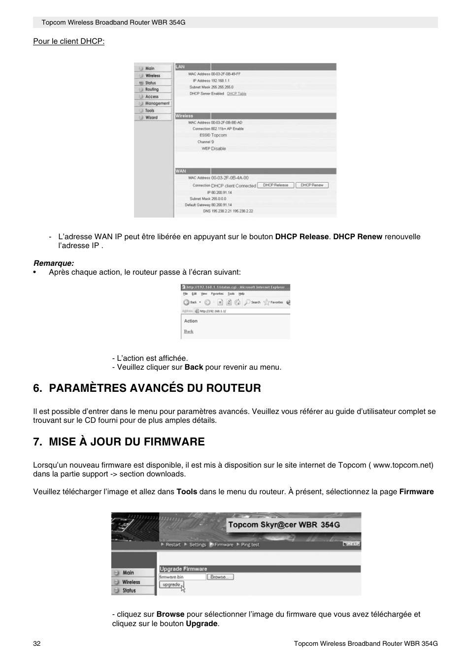 Paramètres avancés du routeur, Mise à jour du firmware | Topcom Skyr@cer WBR 354G User Manual | Page 32 / 104