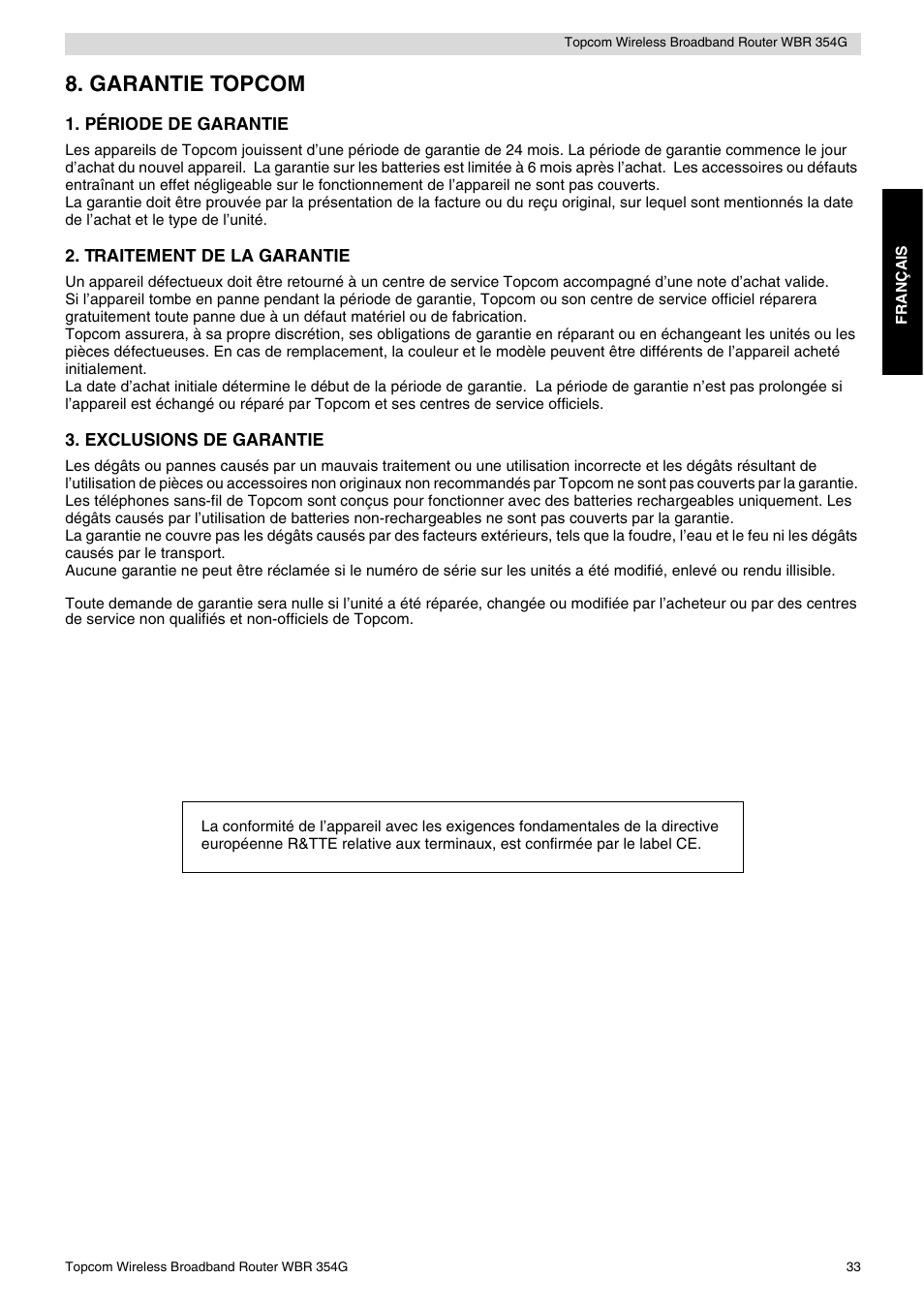Garantie topcom | Topcom Skyr@cer WBR 354G User Manual | Page 33 / 104