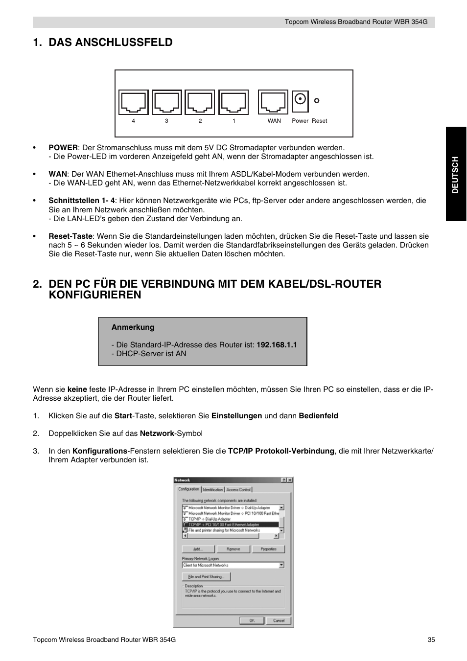 Das anschlussfeld | Topcom Skyr@cer WBR 354G User Manual | Page 35 / 104