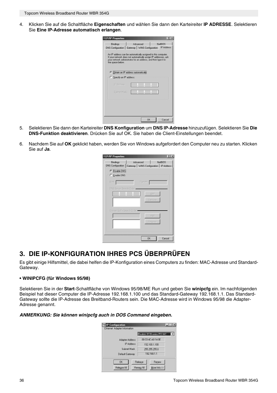 Die ip-konfiguration ihres pcs überprüfen | Topcom Skyr@cer WBR 354G User Manual | Page 36 / 104