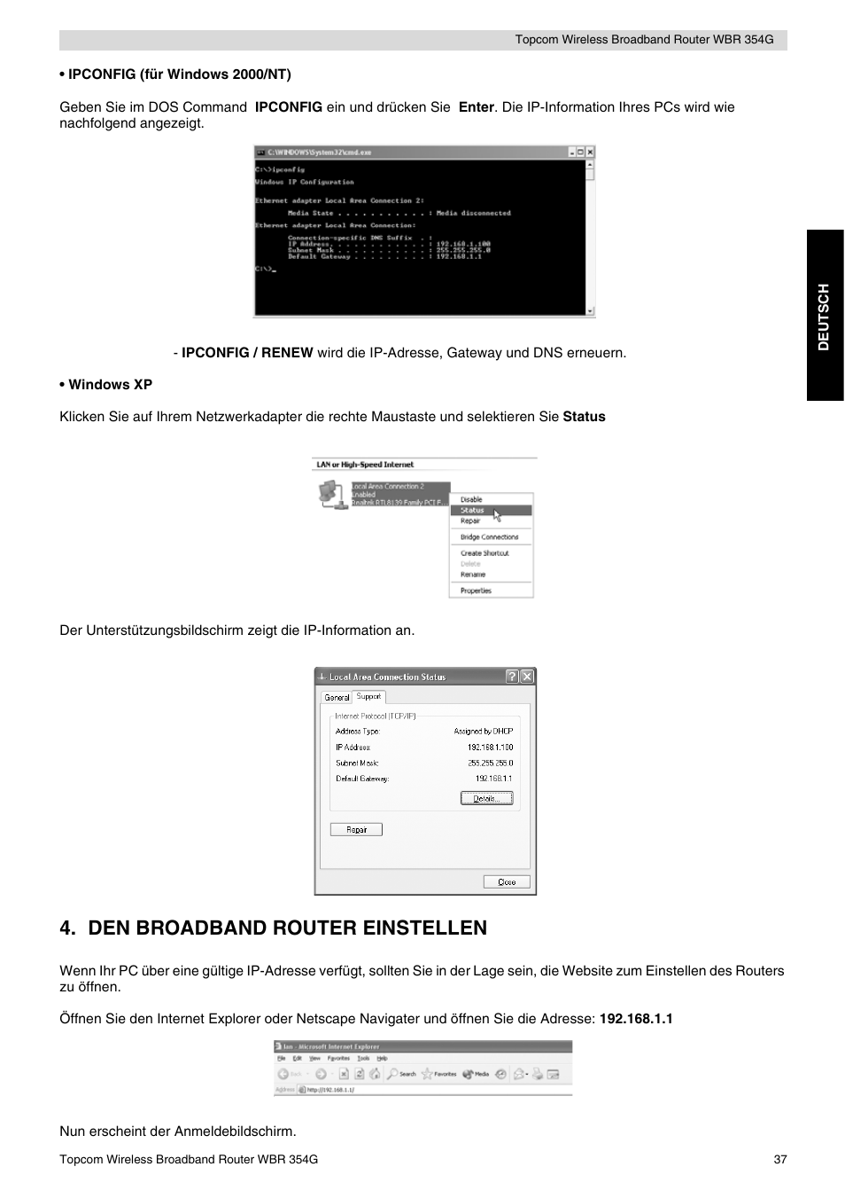 Den broadband router einstellen | Topcom Skyr@cer WBR 354G User Manual | Page 37 / 104