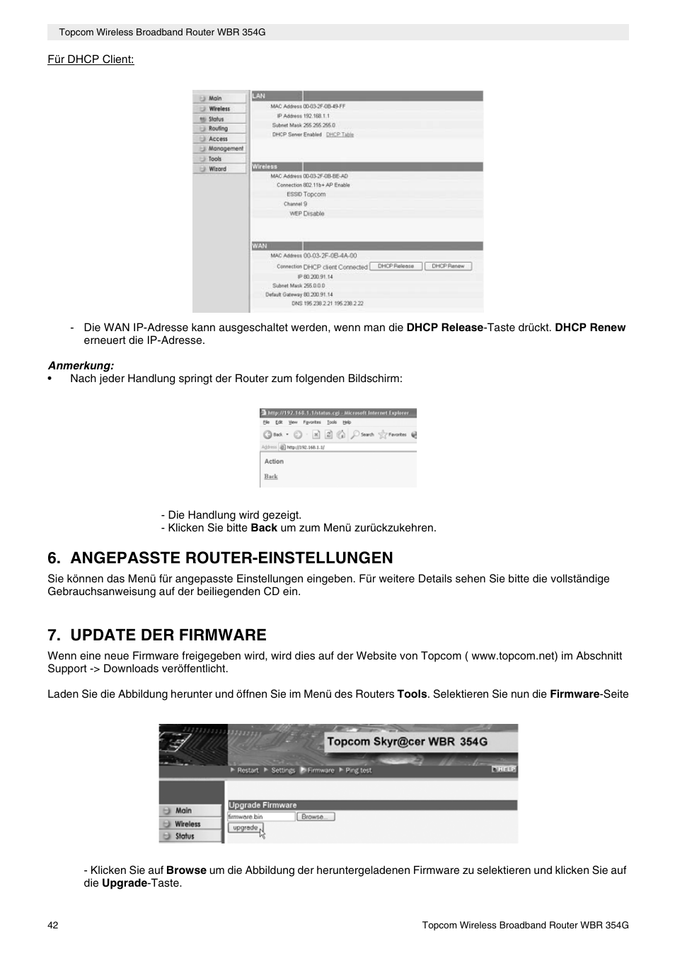 Angepasste router-einstellungen, Update der firmware | Topcom Skyr@cer WBR 354G User Manual | Page 42 / 104