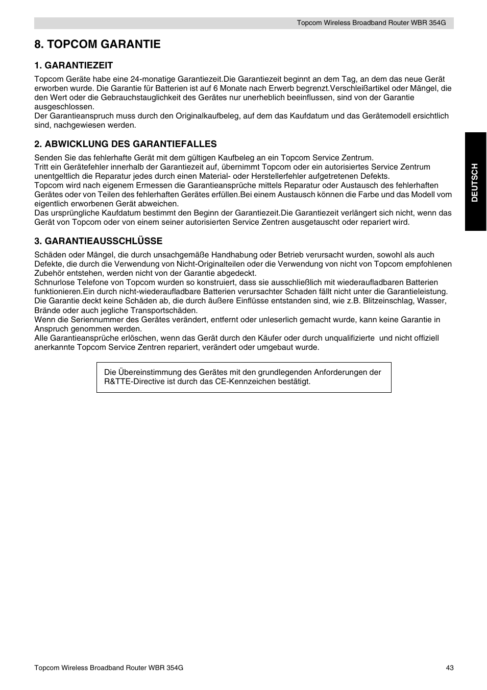 Topcom garantie | Topcom Skyr@cer WBR 354G User Manual | Page 43 / 104