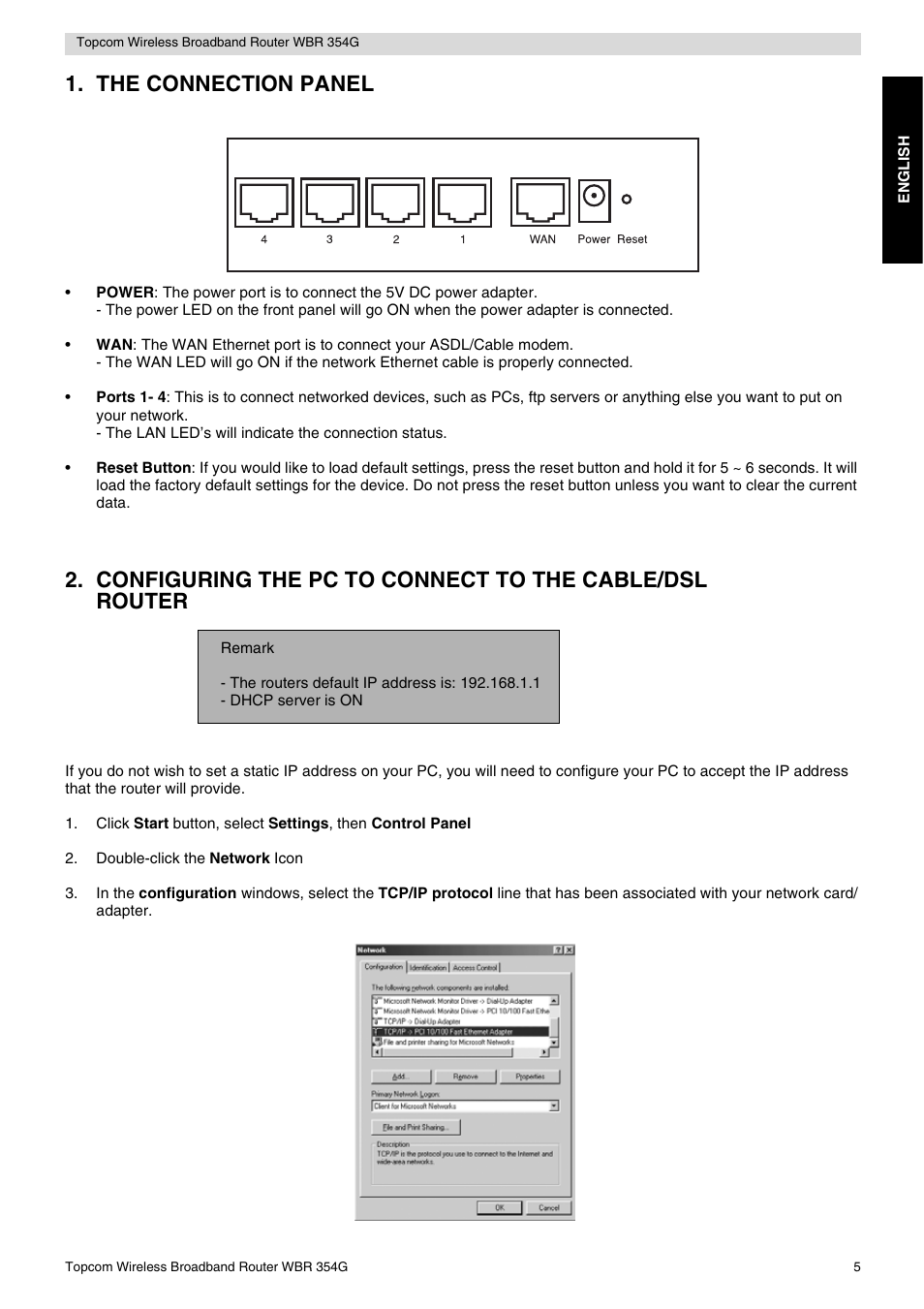 The connection panel | Topcom Skyr@cer WBR 354G User Manual | Page 5 / 104