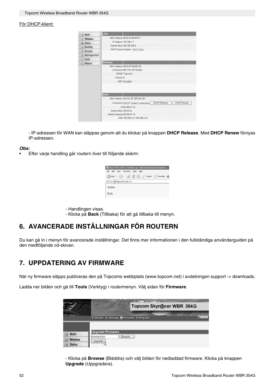 Avancerade inställningar för routern, Uppdatering av firmware | Topcom Skyr@cer WBR 354G User Manual | Page 52 / 104