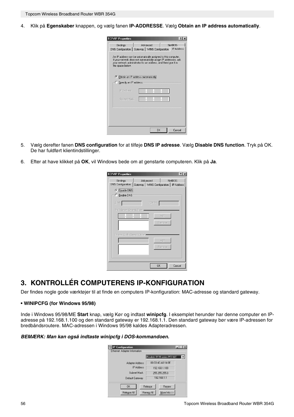 Kontrollér computerens ip-konfiguration | Topcom Skyr@cer WBR 354G User Manual | Page 56 / 104