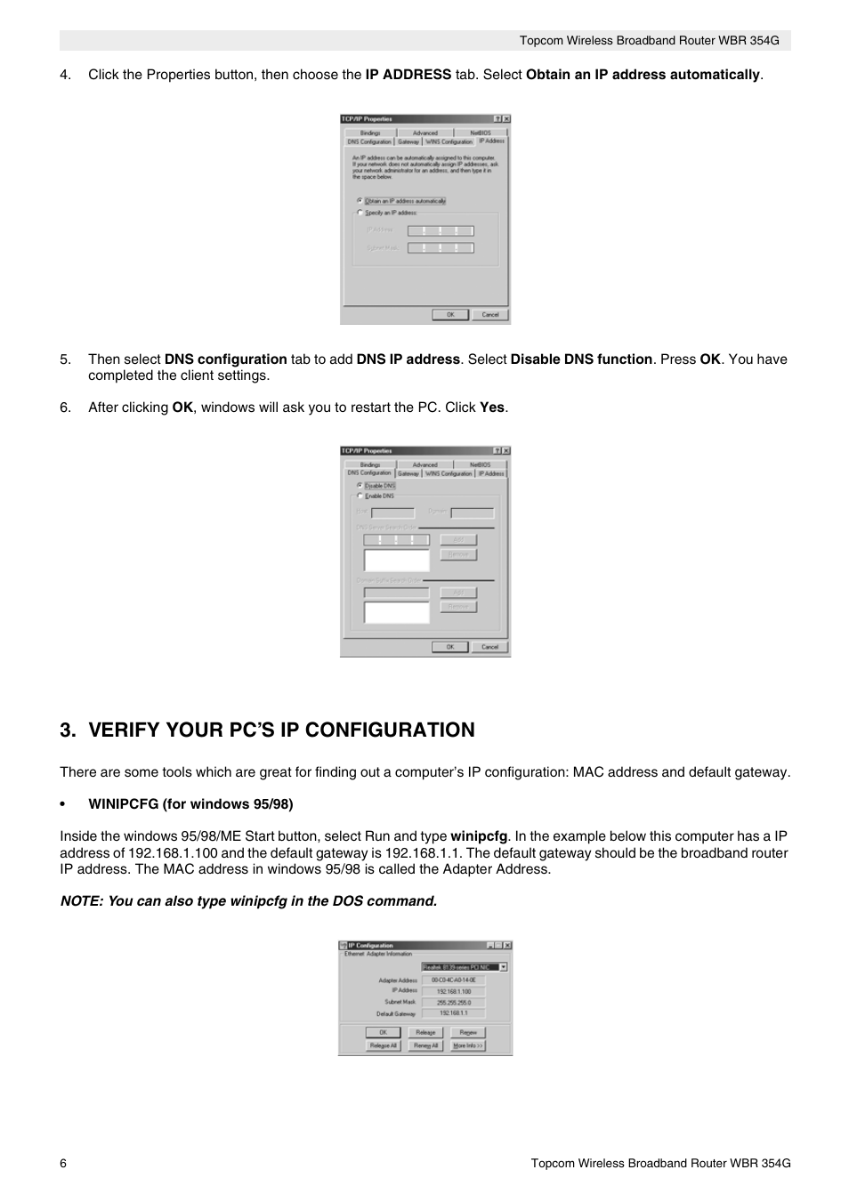 Verify your pc’s ip configuration | Topcom Skyr@cer WBR 354G User Manual | Page 6 / 104