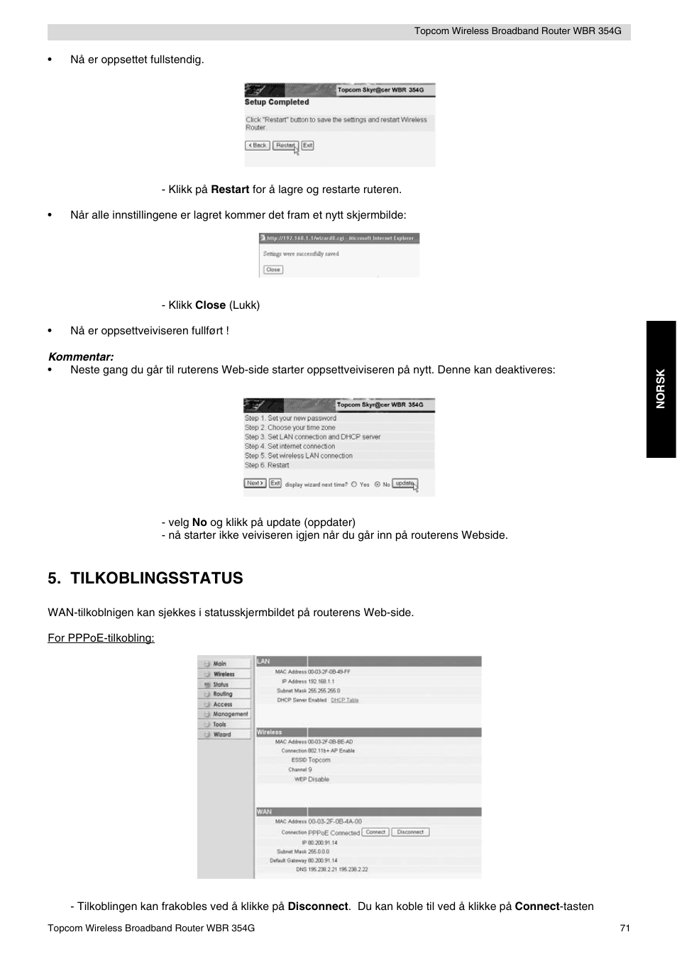 Tilkoblingsstatus | Topcom Skyr@cer WBR 354G User Manual | Page 71 / 104