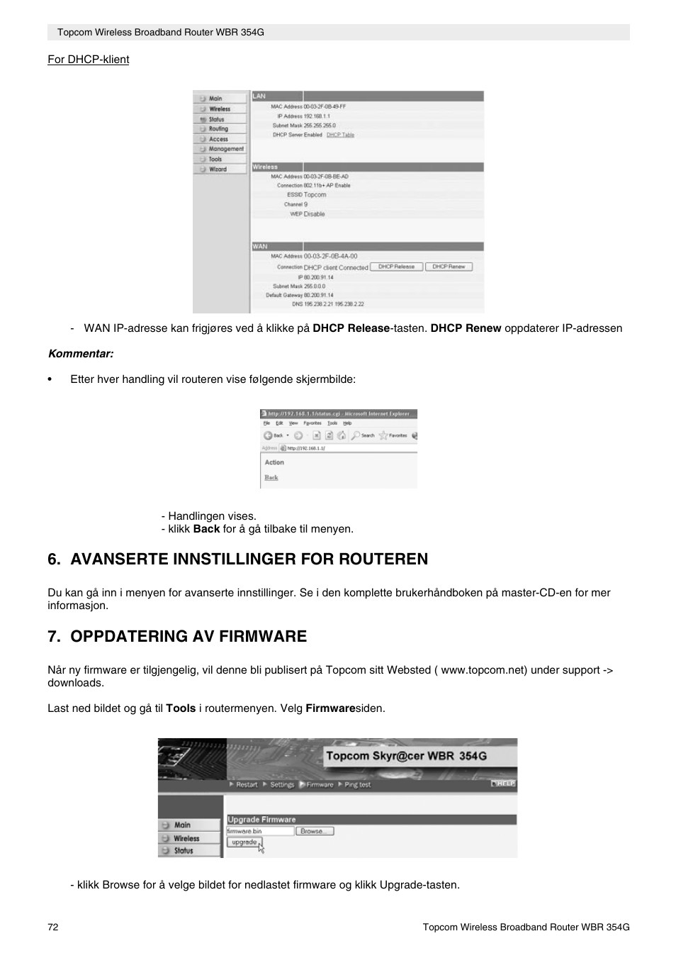 Avanserte innstillinger for routeren, Oppdatering av firmware | Topcom Skyr@cer WBR 354G User Manual | Page 72 / 104