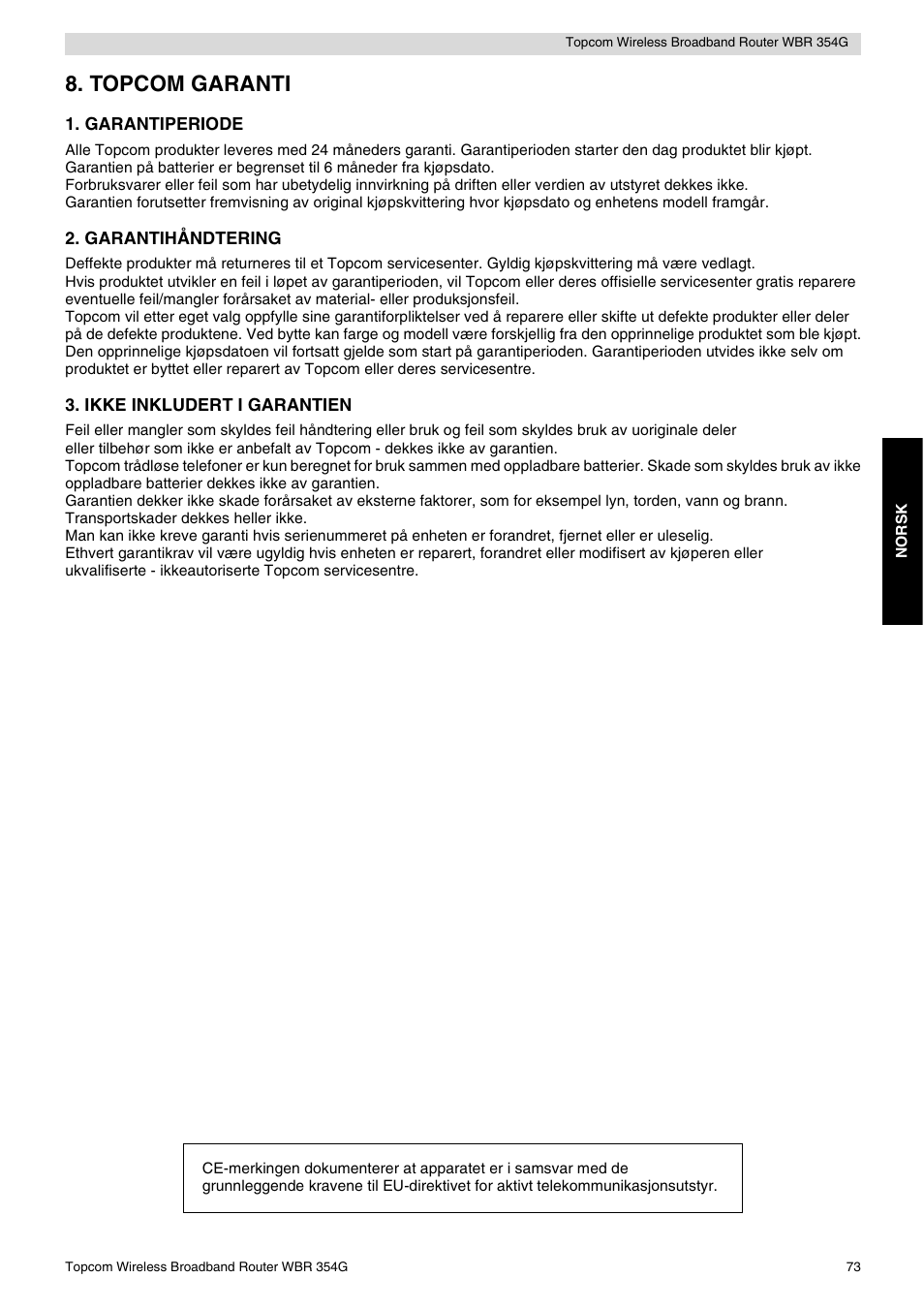 Topcom garanti | Topcom Skyr@cer WBR 354G User Manual | Page 73 / 104