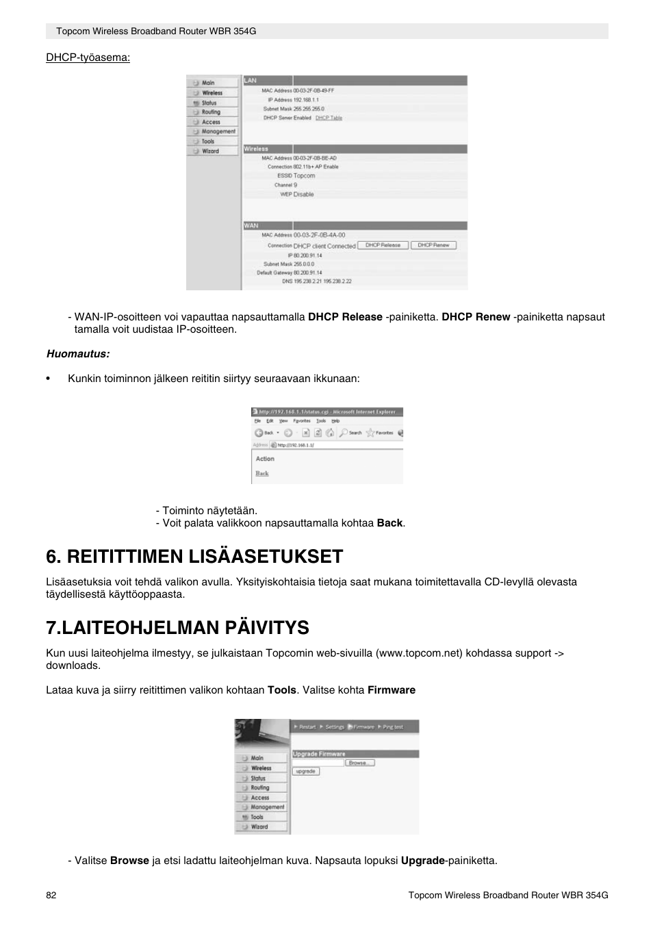 Reitittimen lisäasetukset, Laiteohjelman päivitys | Topcom Skyr@cer WBR 354G User Manual | Page 82 / 104