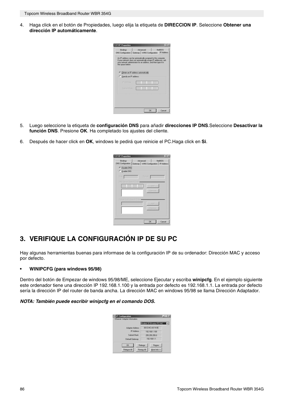 Verifique la configuración ip de su pc | Topcom Skyr@cer WBR 354G User Manual | Page 86 / 104