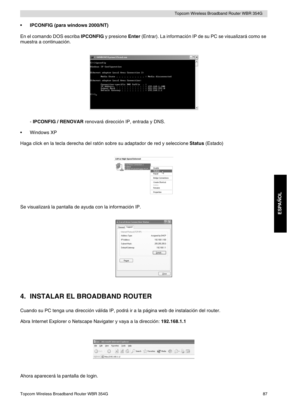 Instalar el broadband router | Topcom Skyr@cer WBR 354G User Manual | Page 87 / 104