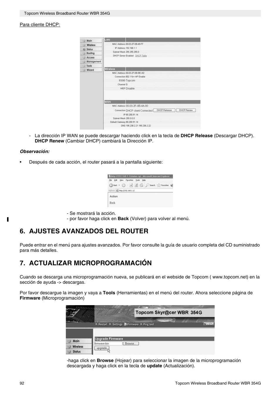 Ajustes avanzados del router, Actualizar microprogramación | Topcom Skyr@cer WBR 354G User Manual | Page 92 / 104