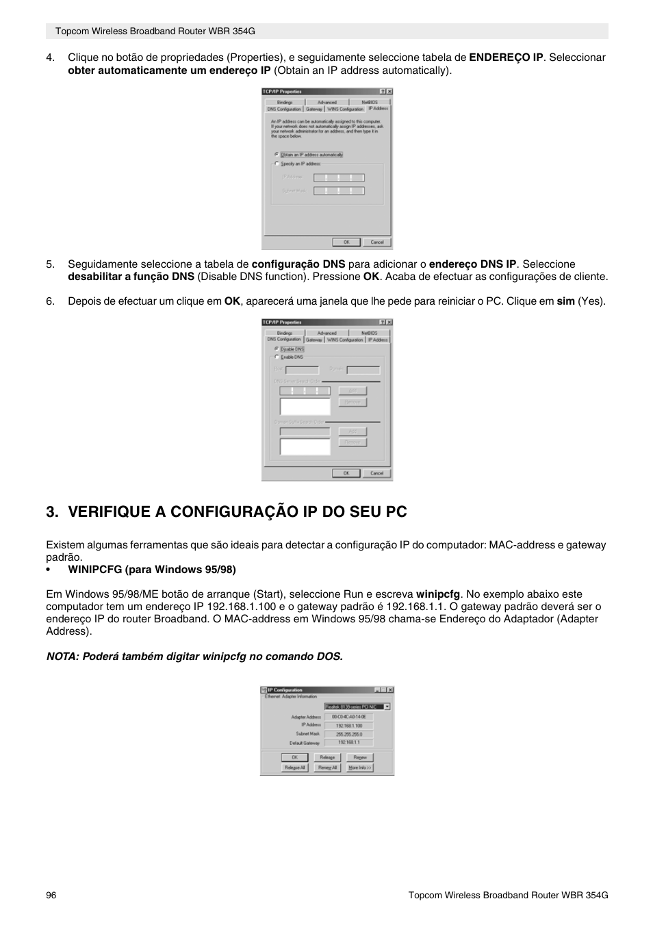 Verifique a configuração ip do seu pc | Topcom Skyr@cer WBR 354G User Manual | Page 96 / 104