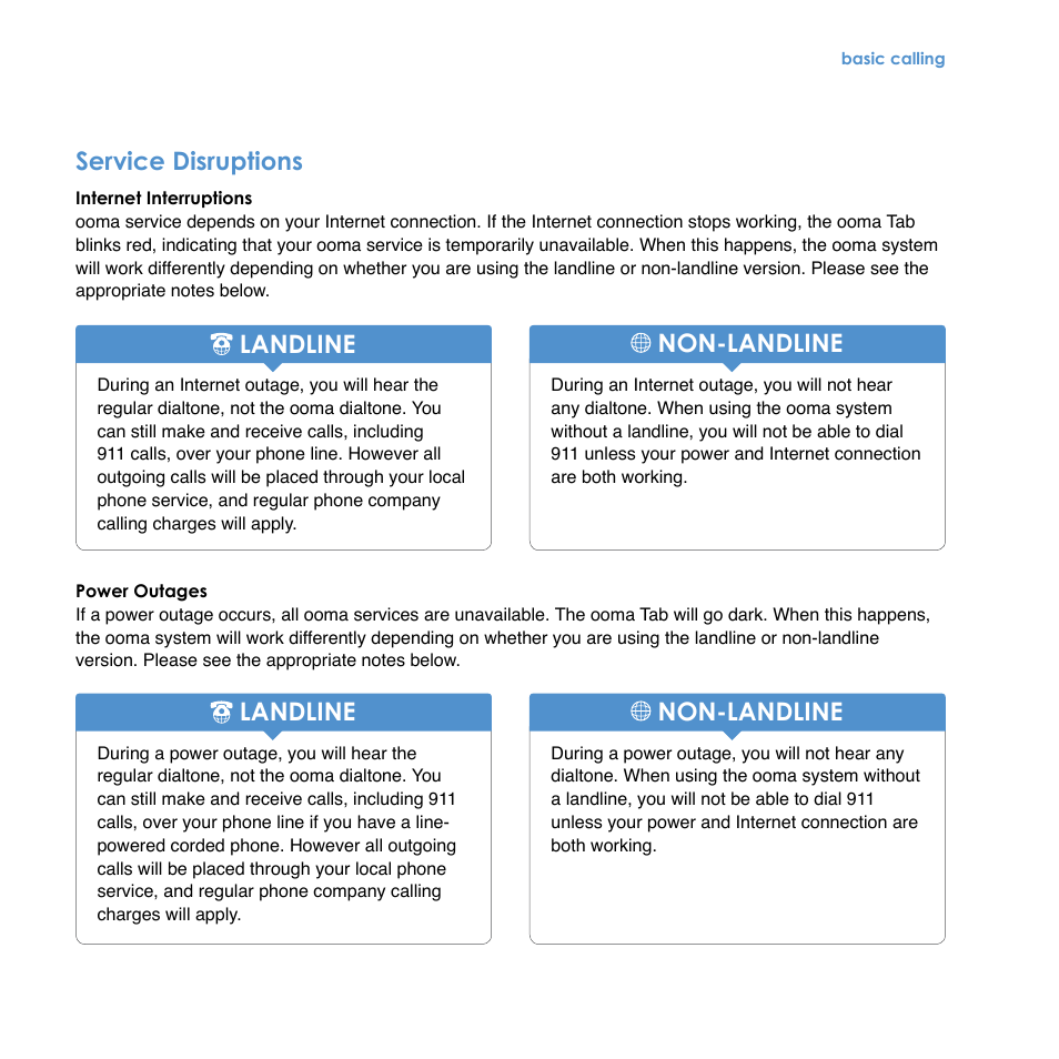 Service disruptions, Landline, Non-landline | Landline non-landline | TiVo Ooma Hub User Manual | Page 10 / 58