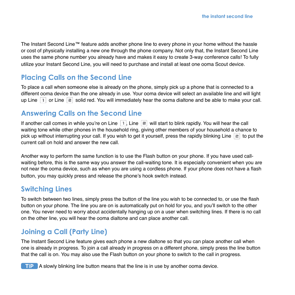 Placing calls on the second line, Answering calls on the second line, Switching lines | Joining a call (party line) | TiVo Ooma Hub User Manual | Page 14 / 58