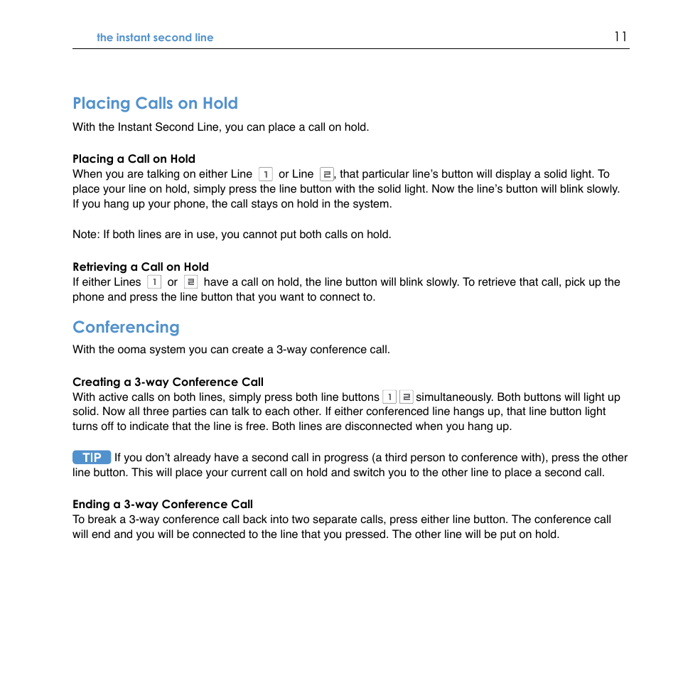 Placing calls on hold, Conferencing | TiVo Ooma Hub User Manual | Page 15 / 58