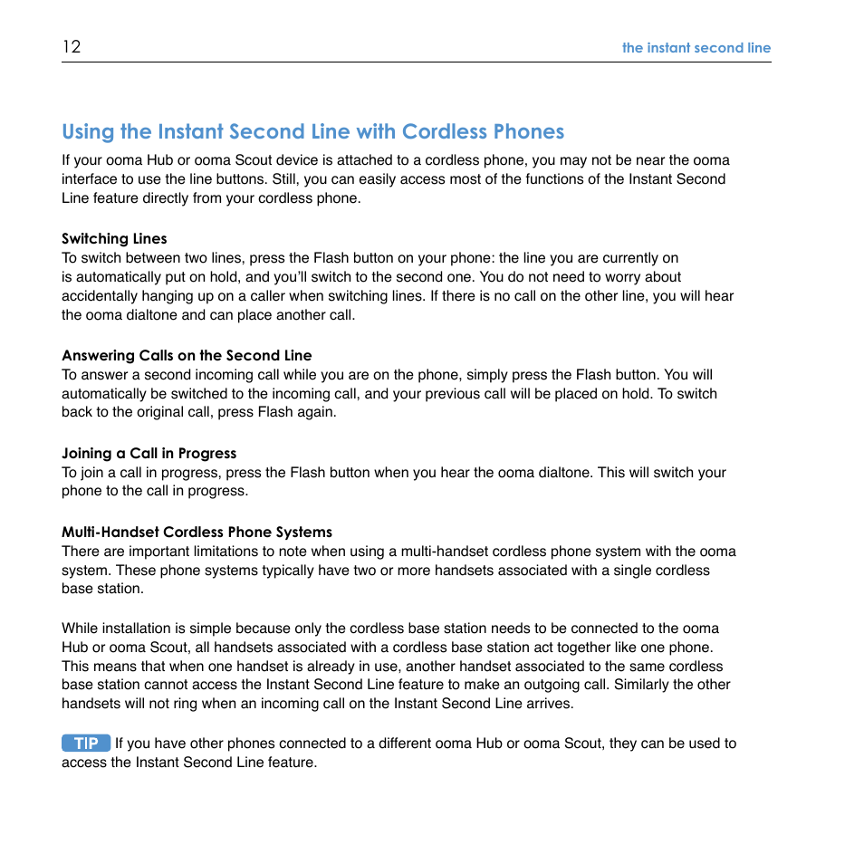 Using the instant second line with cordless phones | TiVo Ooma Hub User Manual | Page 16 / 58