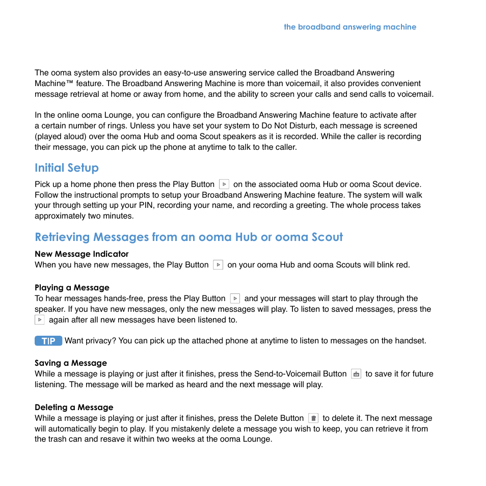 Initial setup, Retrieving messages from an ooma hub or ooma scout | TiVo Ooma Hub User Manual | Page 18 / 58