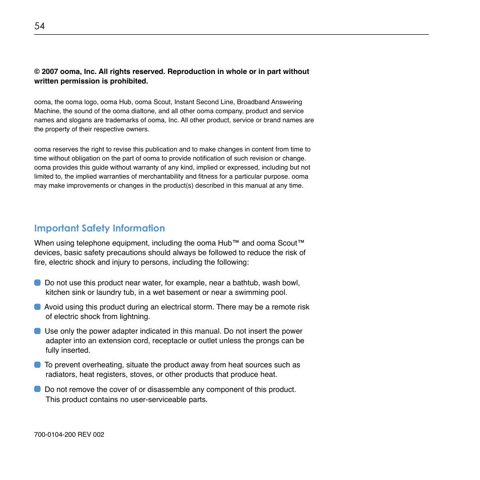 Important safety information | TiVo Ooma Hub User Manual | Page 58 / 58