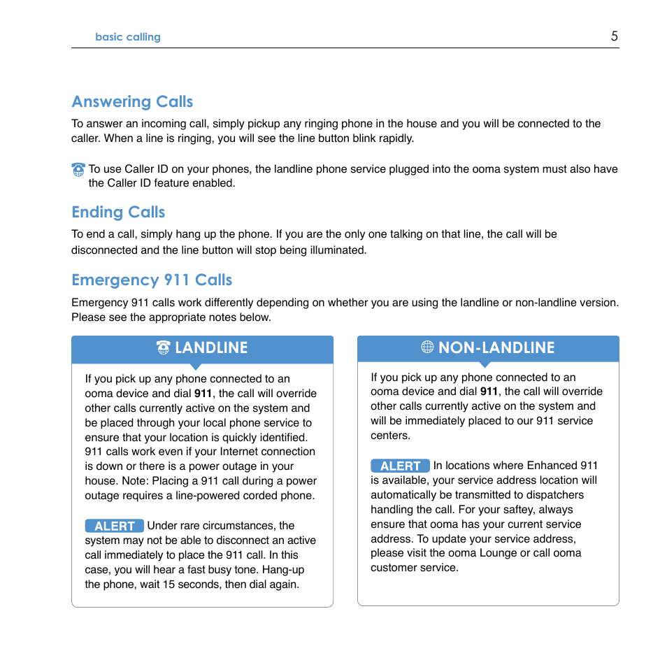 Answering calls, Ending calls, Emergency 911 calls | Landline, Non-landline | TiVo Ooma Hub User Manual | Page 9 / 58