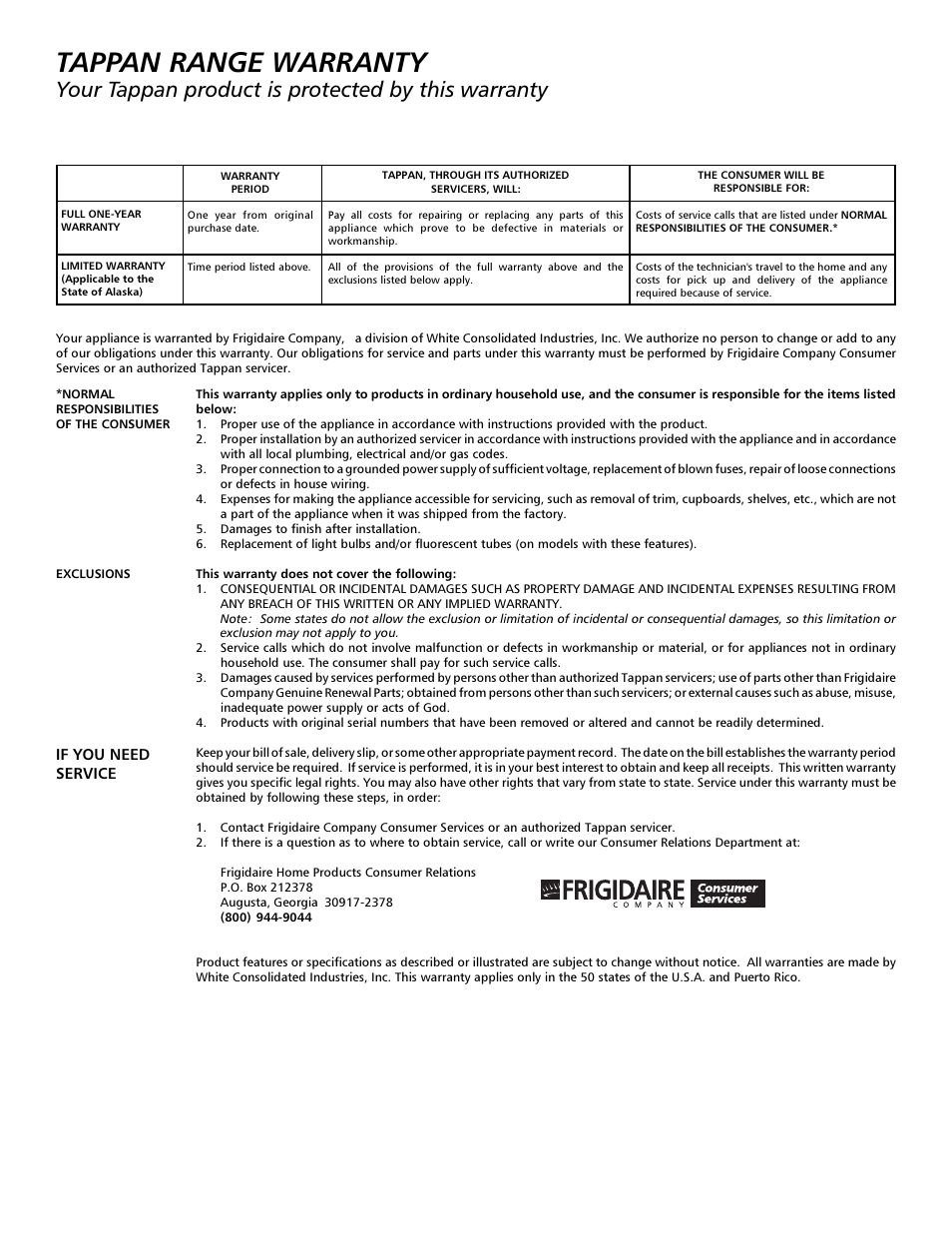 Tappan range warranty, Your tappan product is protected by this warranty | Tappan 316000191 User Manual | Page 20 / 20
