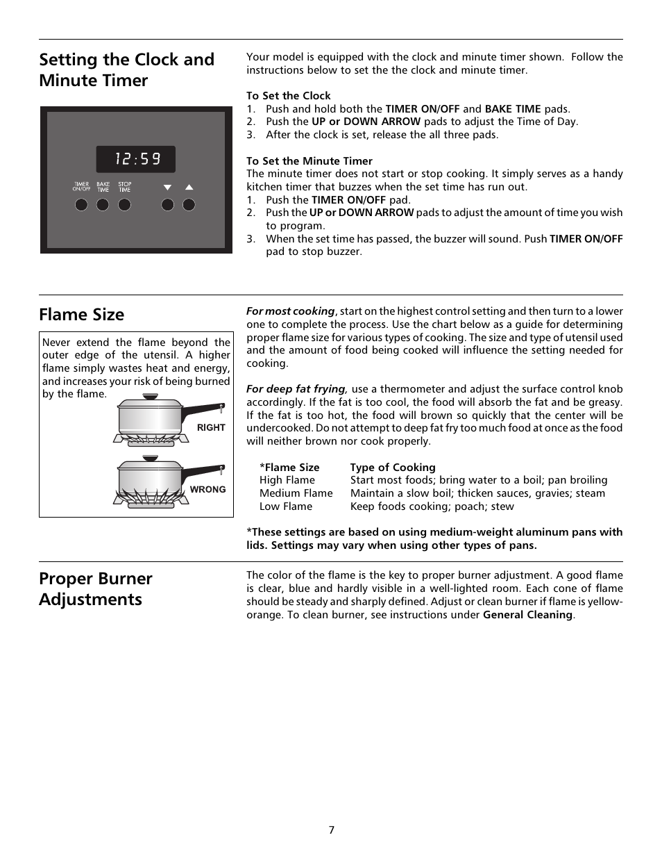 Setting the clock and minute timer, Proper burner adjustments flame size | Tappan 316000191 User Manual | Page 7 / 20