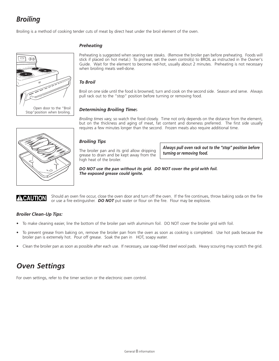Broiling, Oven settings | Tappan 318200505 User Manual | Page 10 / 20
