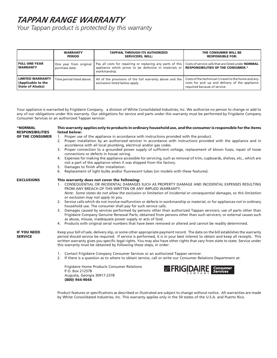 Tappan range warranty, Your tappan product is protected by this warranty | Tappan 318200505 User Manual | Page 20 / 20
