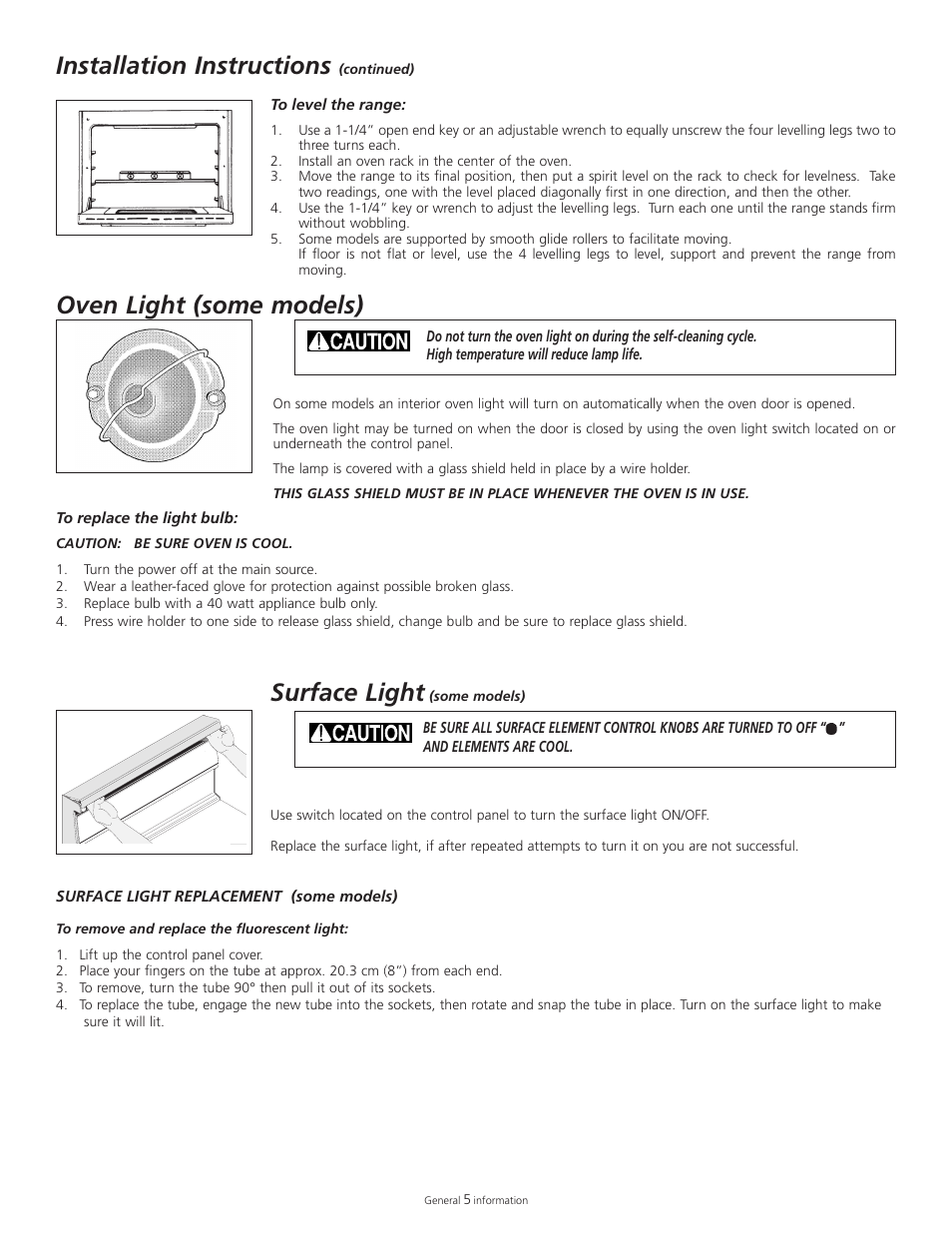 Installation instructions, Oven light (some models), Surface light | Tappan 318200505 User Manual | Page 7 / 20
