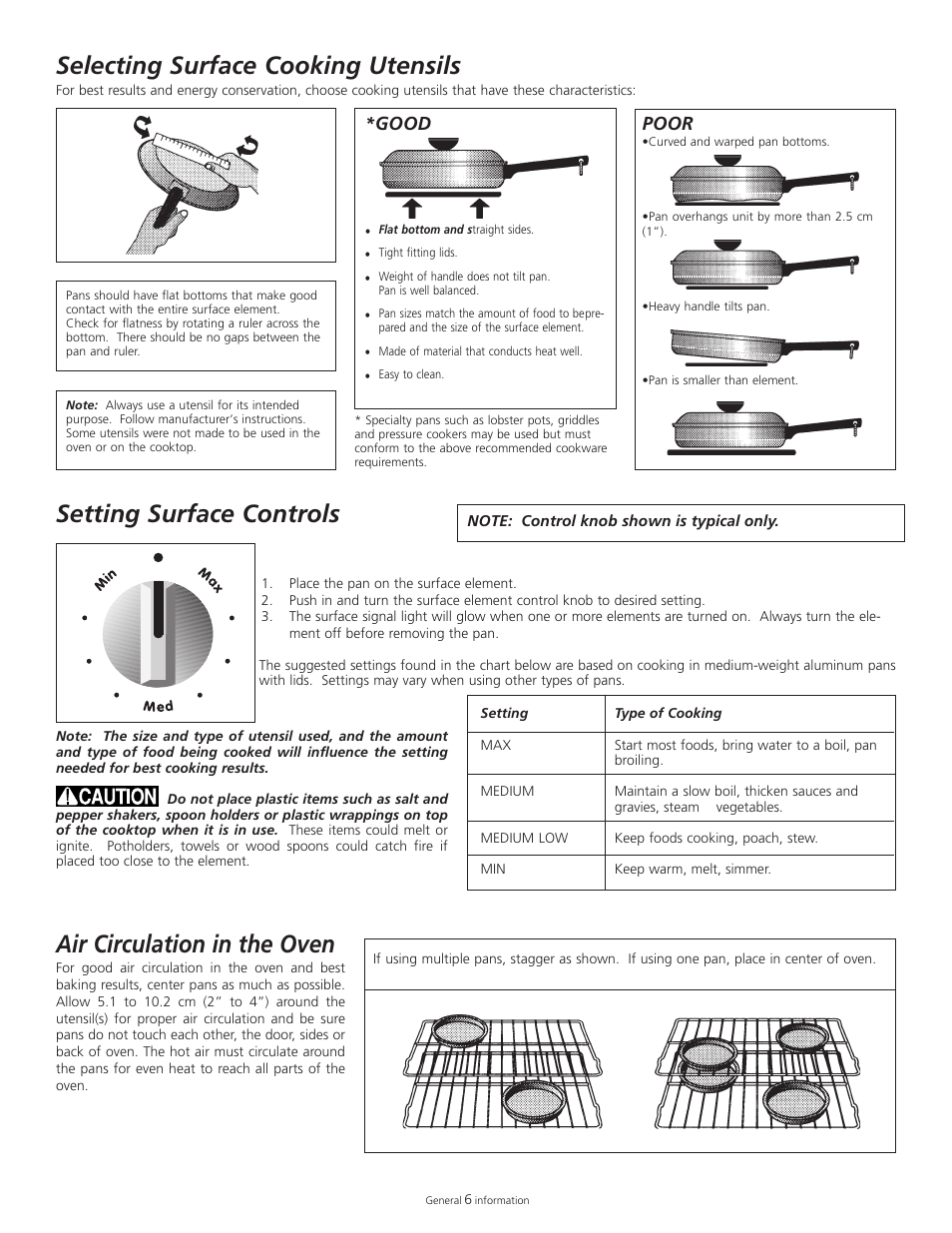 Selecting surface cooking utensils, Setting surface controls, Air circulation in the oven | Good, Poor | Tappan 318200505 User Manual | Page 8 / 20