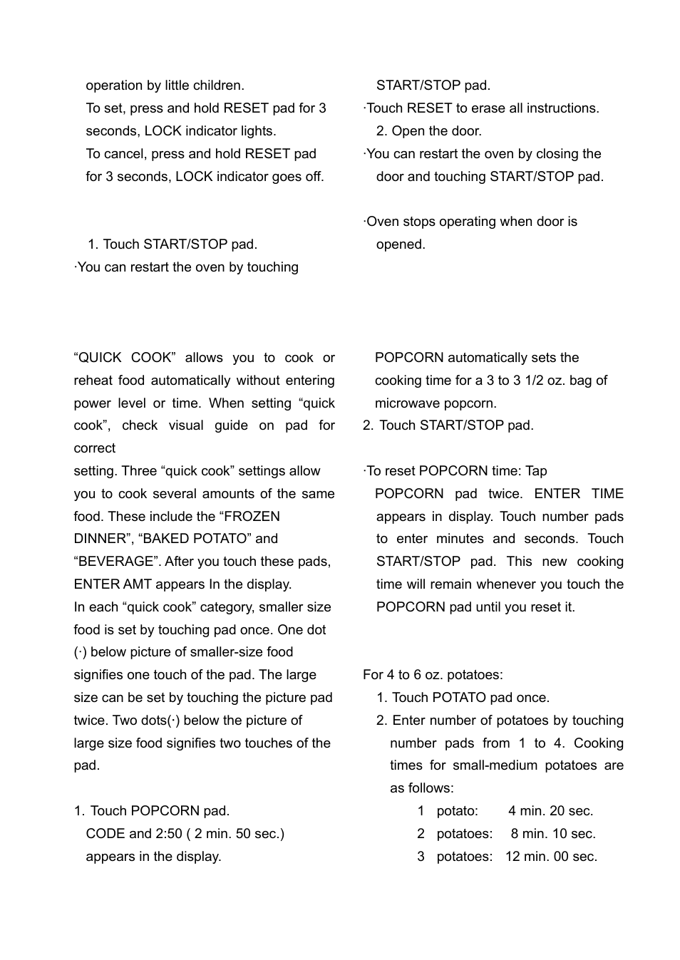 About “ quick cook ” settings | Tappan TM7050S User Manual | Page 13 / 16